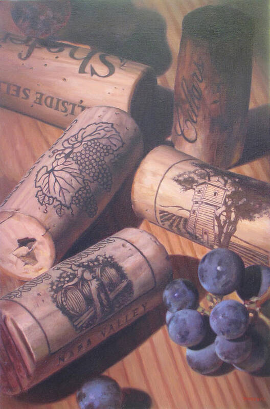 Wine Art Print featuring the painting Corks And Grapes by Takayuki Harada