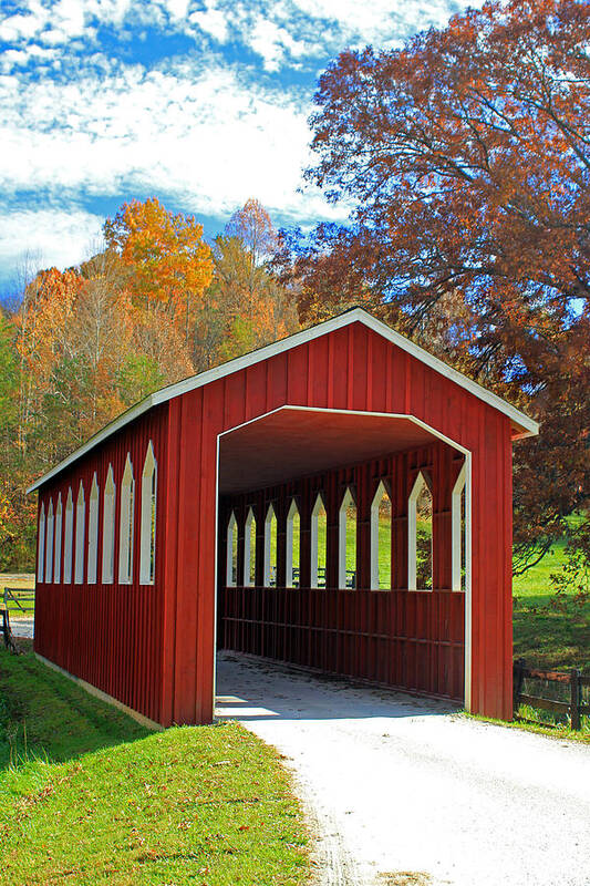 Red Covered Bridge Art Print featuring the photograph Covered Bridge by Jennifer Robin
