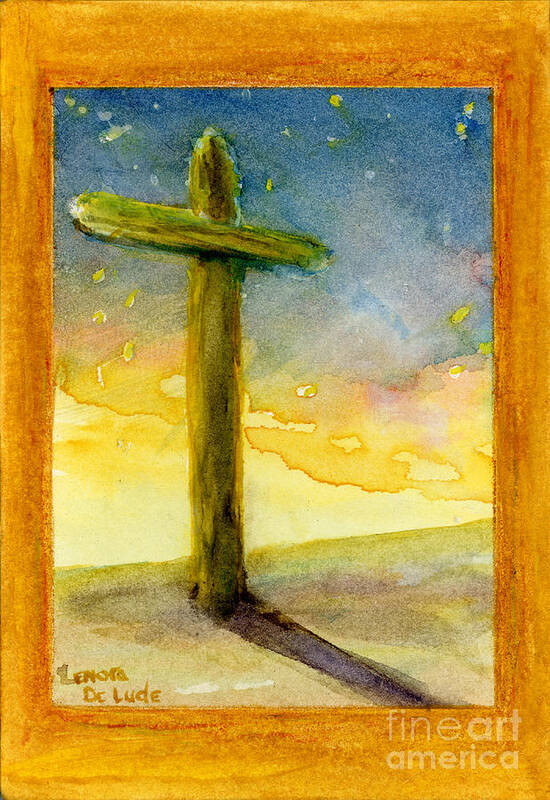 Watercolor Art Print featuring the painting Cross at Dawn in Blue and Gold Sunrise by Lenora De Lude