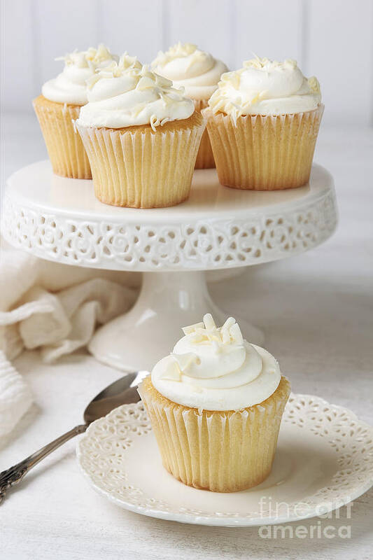 Vanilla Art Print featuring the photograph Cupcakes decorated with icing and white chocolate by Sandra Cunningham
