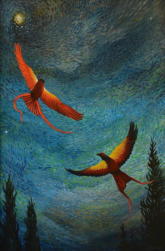 Birds Art Print featuring the painting Dance of the Firebirds by Charles Owens