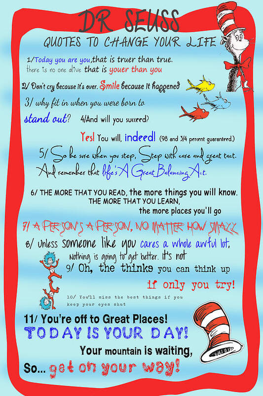 Dr. Seuss Art Print featuring the digital art Dr Seuss - Quotes to Change Your Life by Georgia Clare