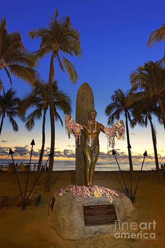 Duke Kahanamoku Art Print featuring the photograph Duke Kahanamoku Statue at Dusk by Aloha Art