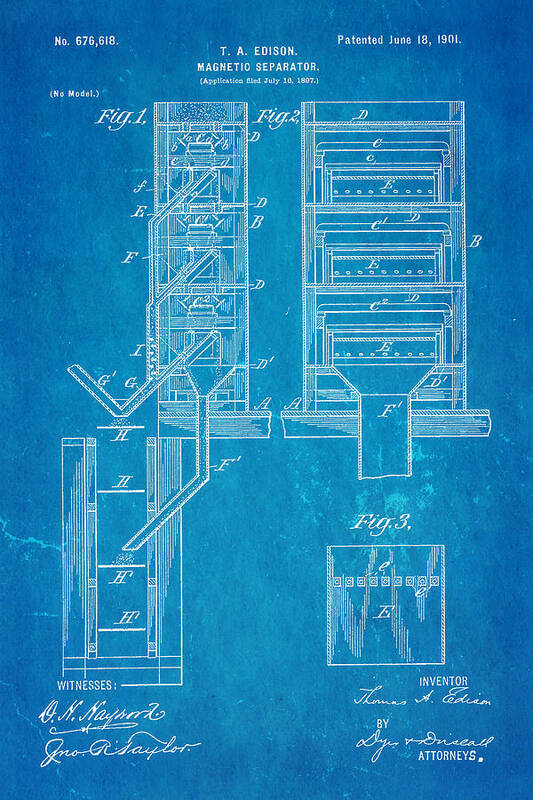 Engineer Art Print featuring the photograph Edison Magnetic Separator Patent Art 1901 - Blueprint by Ian Monk