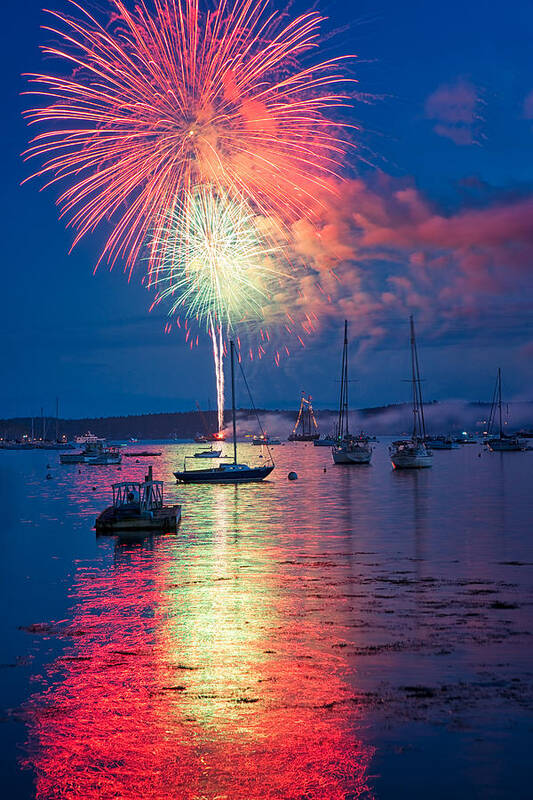 #boothbay Art Print featuring the photograph Fireworks Over Boothbay Harbor by Darylann Leonard Photography