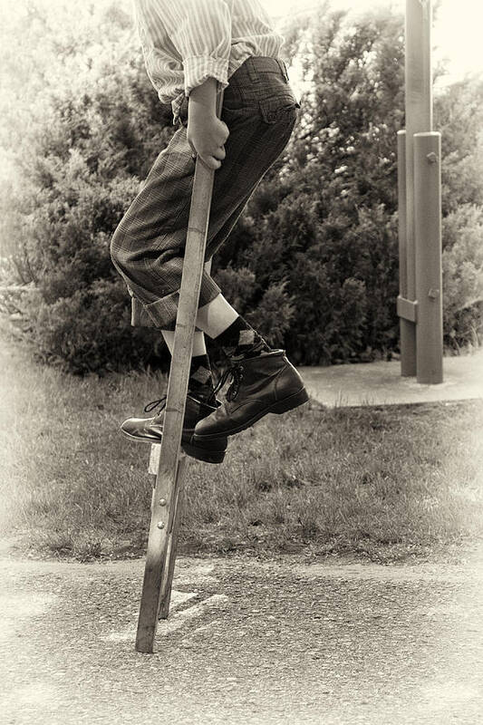 Portraits Art Print featuring the photograph First Time on Stilts at White Pine Village in Ludington Michigan by Mary Lee Dereske