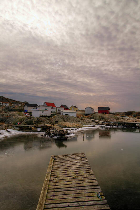 Tranquility Art Print featuring the photograph Fishing Sheds In A Winter Island Scenery by Johan Klovsjö