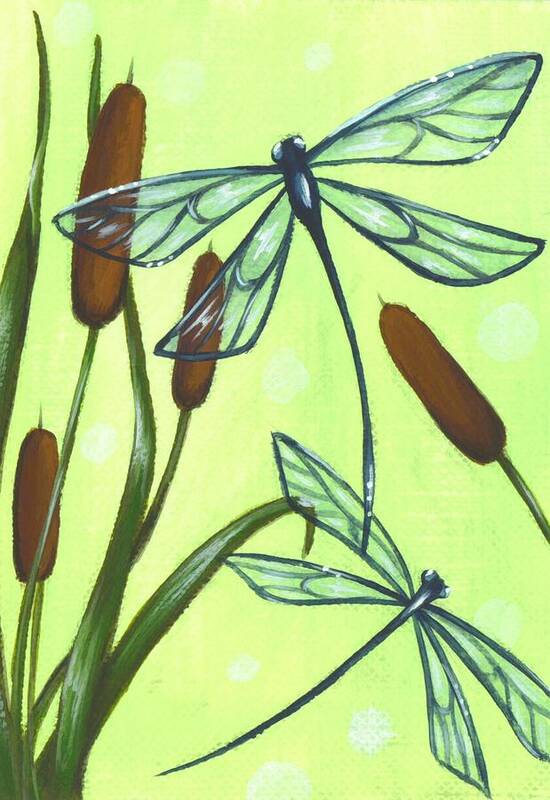 Dragonfly Art Art Print featuring the painting Flight Through The Cat Tails by Elaina Wagner