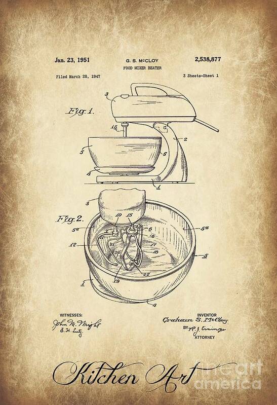 Food Art Print featuring the photograph Food Mixer Patent Kitchen Art by Clare Bevan