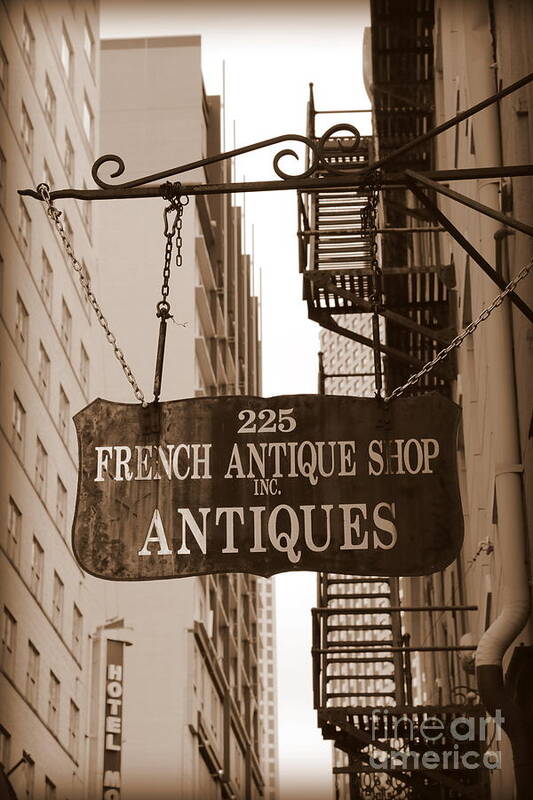New Orleans Art Print featuring the photograph French Antique Shop Sign - Sepia by Carol Groenen
