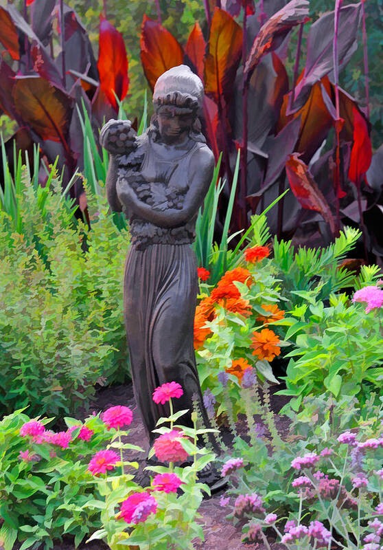 Garden Sculpture Art Print featuring the photograph Girl with Grapes Statute in Garden by Ginger Wakem
