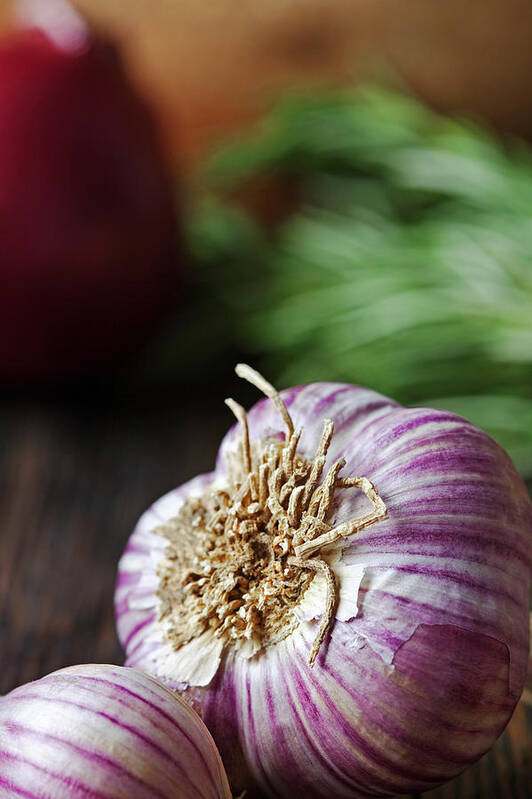 Wood Art Print featuring the photograph Garlic And Vegetables On A Rustic by John W Banagan