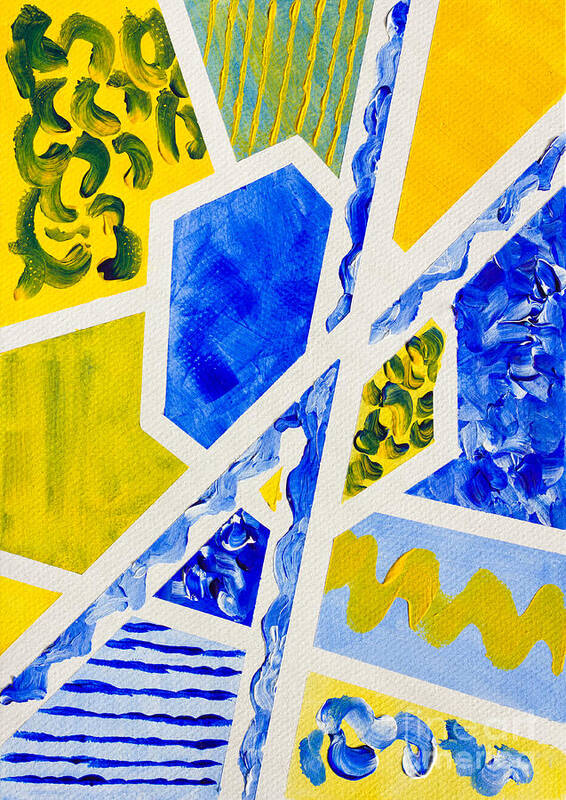 Geometric Art Print featuring the painting Geometric Blue and Yellow Abstract Acrylic Painting by Beverly Claire Kaiya