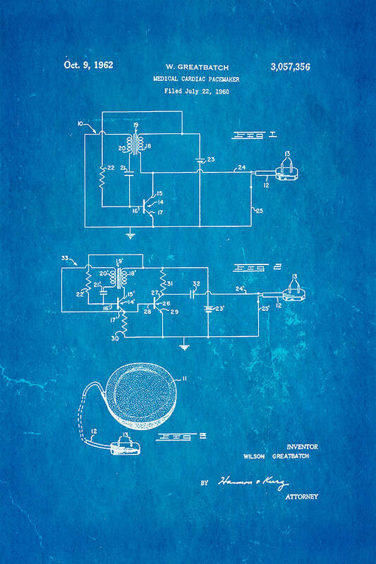 Doctor Art Print featuring the photograph Greatbatch Cardiac Pacemaker Patent Art 1962 Blueprint by Ian Monk