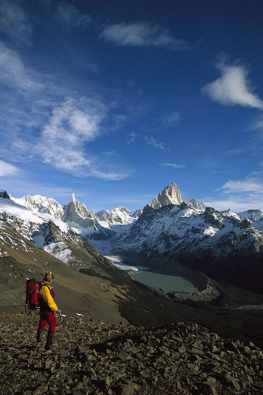 Feb0514 Art Print featuring the photograph Hiker Admiring Cerro Torre And Fitzroy by Colin Monteath