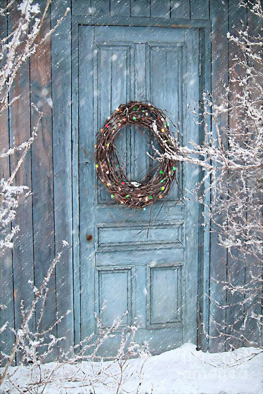 Art Art Print featuring the photograph Barn door and holiday wreath/Digital Painting by Sandra Cunningham