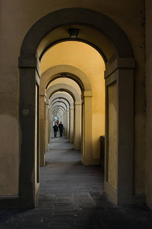 Vasari Corridor Art Print featuring the photograph In a Distance - Vasari Corridor in Florence Italy by Georgia Mizuleva