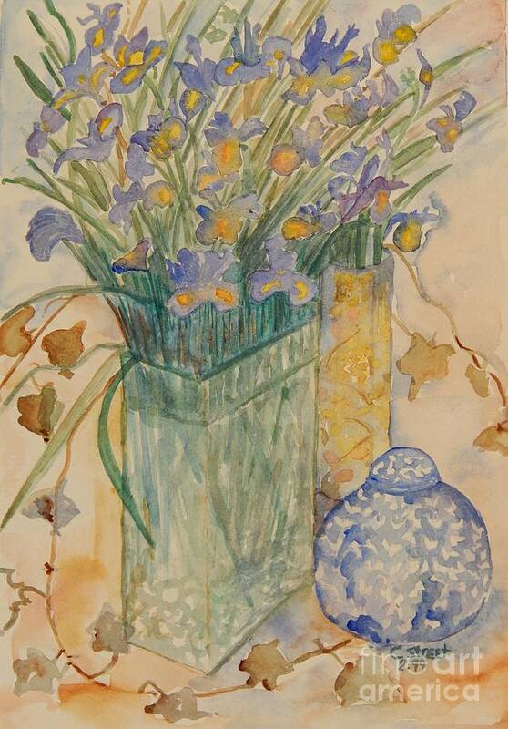 Iris Art Print featuring the painting Irises with Chinese Pot by Caroline Street
