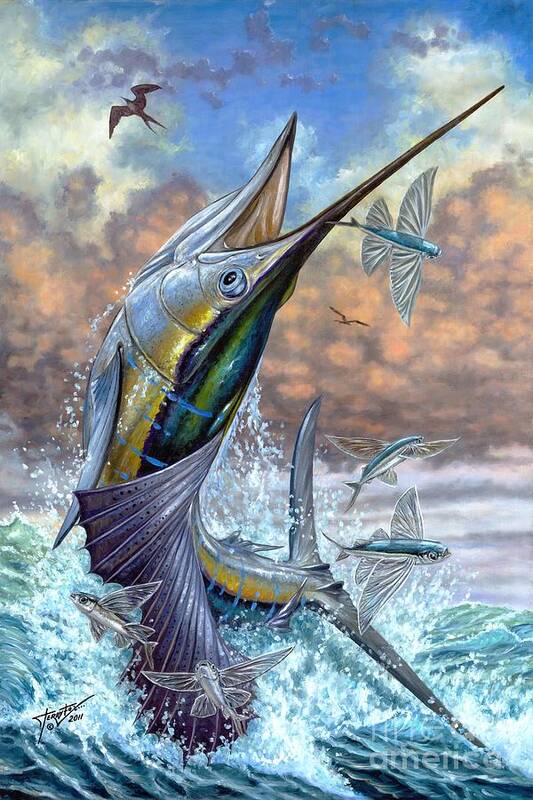 Flying Fishes Art Print featuring the painting Jumping Sailfish And Flying Fishes by Terry Fox