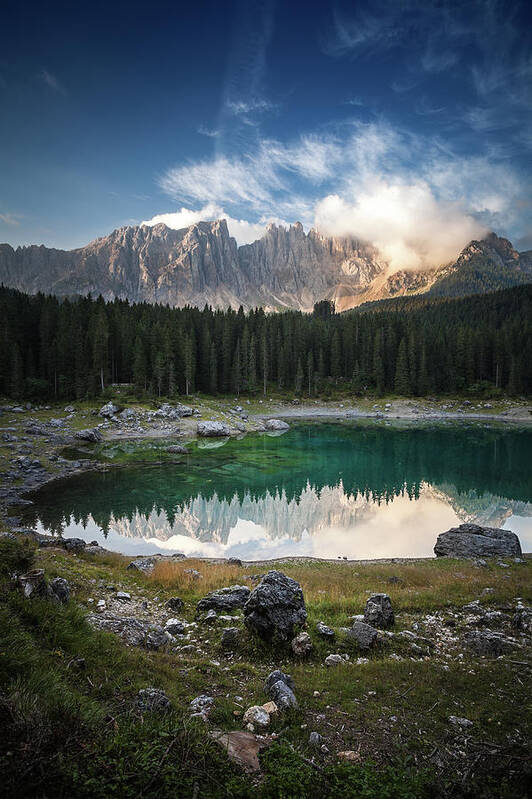 Scenics Art Print featuring the photograph Karersee Lake And Dolomites In The by Sankai