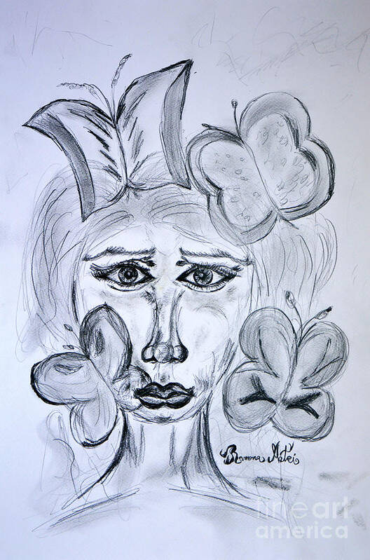 Woman Art Print featuring the drawing Lady Queen of Butterflies by Ramona Matei