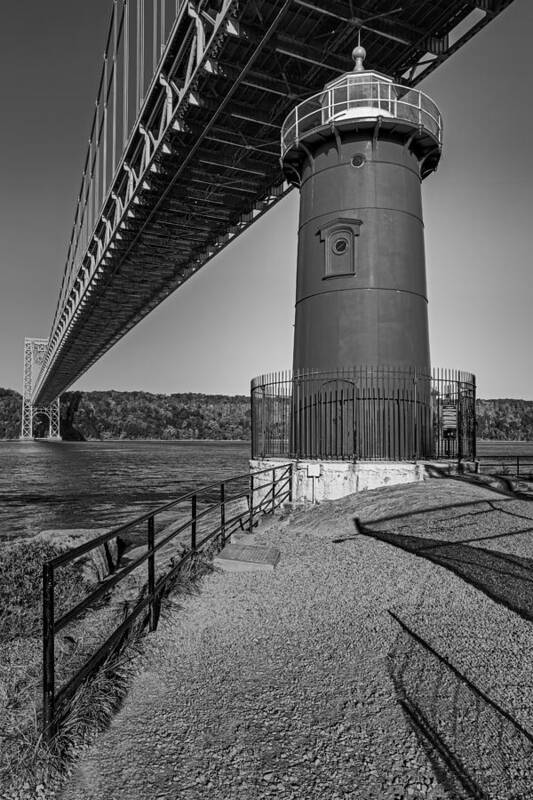 Autumn Art Print featuring the photograph Little Red Ligthouse Under Great Grey Bridge BW by Susan Candelario