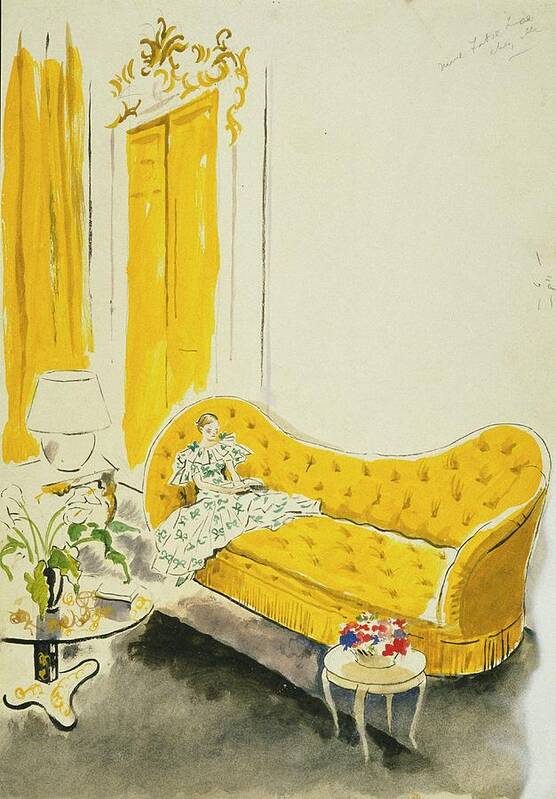 Fashion Art Print featuring the digital art Madame Luce On A Yellow Sofa by Cecil Beaton