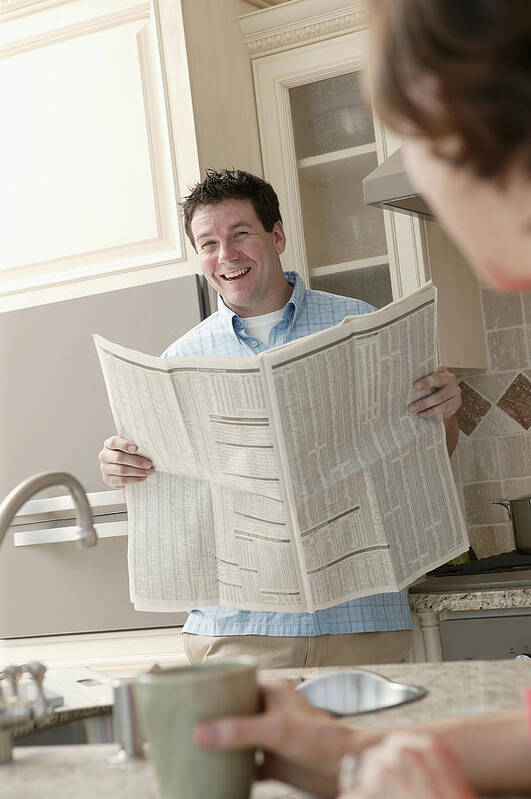 People Art Print featuring the photograph Man reading newspaper by Comstock Images