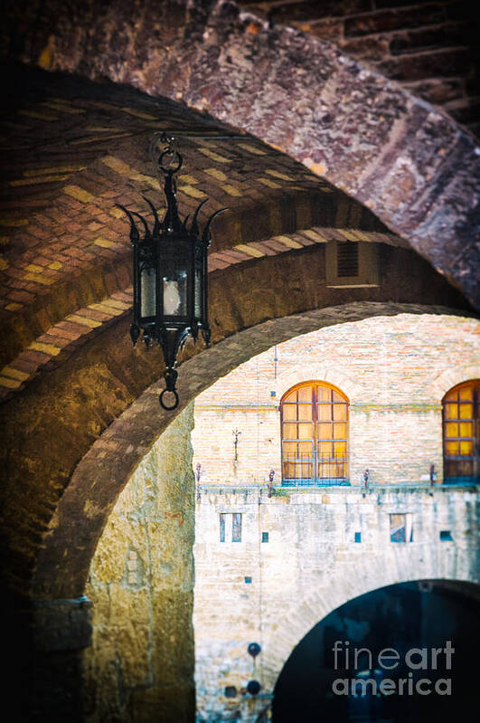 Ancient Art Print featuring the photograph Medieval arches with lamp by Silvia Ganora