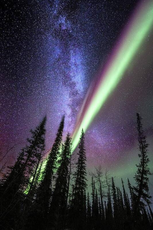 Alaska Art Print featuring the photograph Milky Way And The Aurora Borealis by Chris Madeley