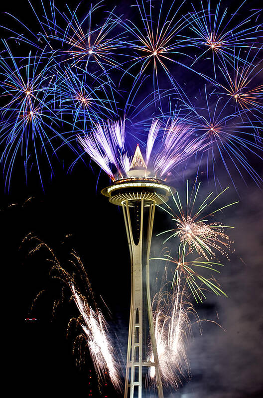 Fireworks Art Print featuring the photograph New year fireworks 2012 on Space Needle - 3 by Hisao Mogi