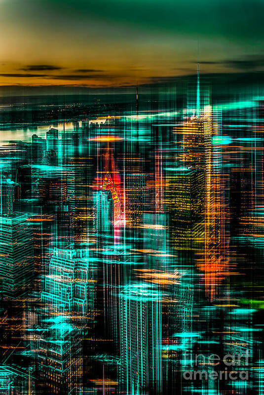 Nyc Art Print featuring the photograph New York - the night awakes - green by Hannes Cmarits