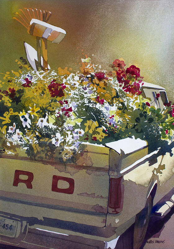 Kris Parins; Watercolor; Painting; Wisconsin Artist; Florida Artist; Truck; Ford; Ford Truck; Pickup; Pickup Truck; Flowers; Geraniums; Garden; Gardenning; Clean Up; Fall; Fall Cleanup; Yard; Yard Work; Rake; Shovel; Broom; Sunshine; Poured; Old Truck; Tailgate; Rust; Utility; Vehicle; Vintage Truck Art Print featuring the painting Not Ready to Go by Kris Parins