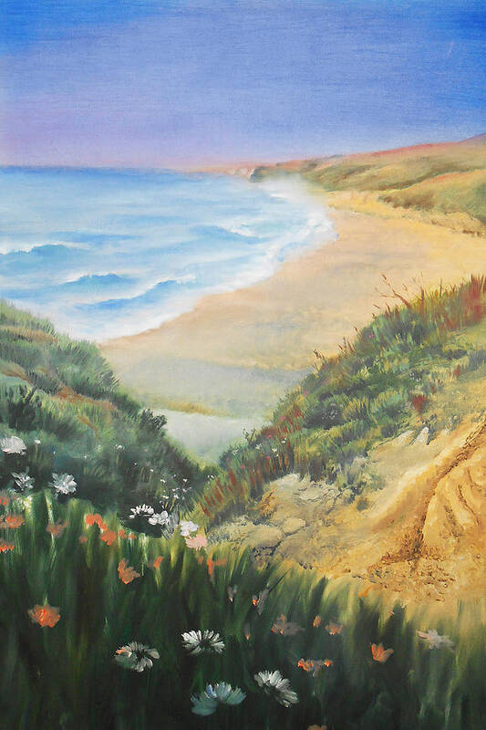 Ocean Art Print featuring the painting Ocean Shore Through The Hills by Irina Sztukowski