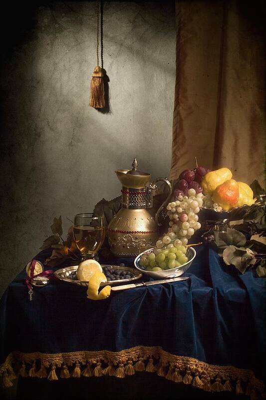 Willem Kalf Art Print featuring the photograph Opulent Still Life with Gilded Jug-silverware and fruits by Levin Rodriguez
