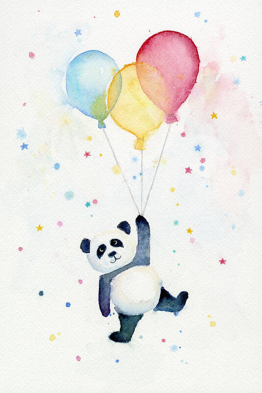 Panda Art Print featuring the painting Panda Floating with Balloons by Olga Shvartsur