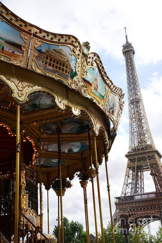 Paris Fine Art Photography Art Print featuring the photograph Paris Eiffel Tower Carousel Merry Go Round - Paris Carousels Champ des Mars Eiffel Tower by Kathy Fornal