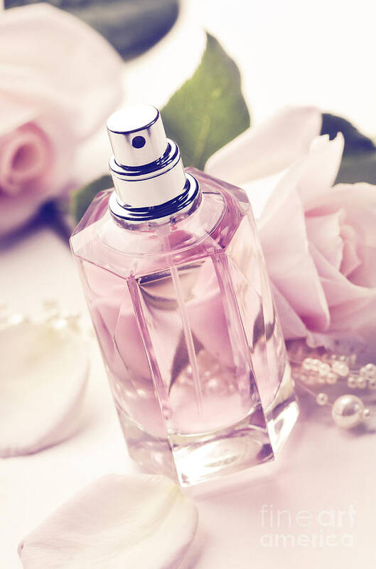 Bottle Art Print featuring the photograph Perfume Bottle with roses and pearls still life by Jelena Jovanovic