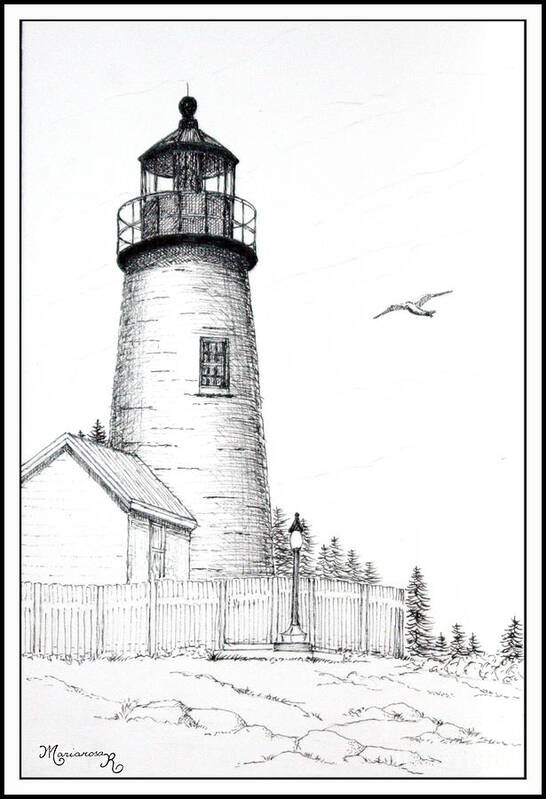 Lighthouse Art Print featuring the drawing Pemaquid Point Lighthouse by Mariarosa Rockefeller