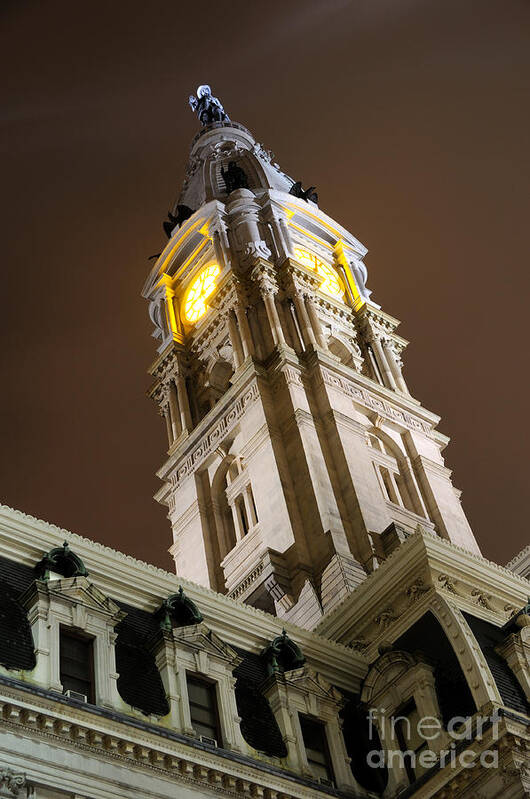 Philadelphia Art Print featuring the photograph Philadelphia City Hall Clock Tower at Night by Gary Whitton