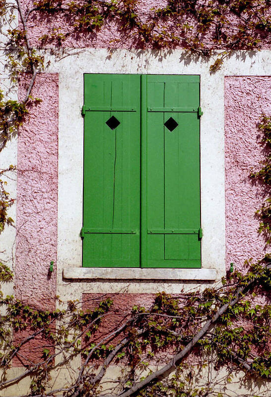 Green Shutters Art Print featuring the photograph Pink building with green shutters by Mary Bedy