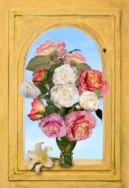 Flower Bouquet Art Print featuring the photograph Pink Roses and White Peonis in Roemer in Open Niche by Levin Rodriguez