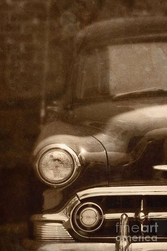 Antique; Car; Windows; Driving; Auto; Automobile; Automotive; Classic; Drive; Old; Front; Fender; Transportation; Vehicle; Vintage; Sepia; Headlight; Chrome; Hood; Chevy; Chevrolet Art Print featuring the photograph Police by Margie Hurwich