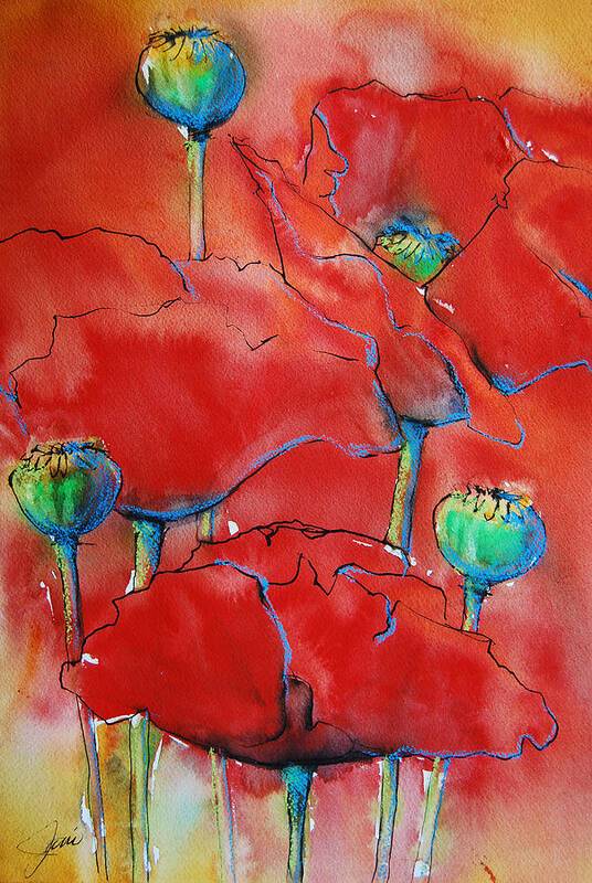 Poppies Art Print featuring the painting Poppies II by Jani Freimann