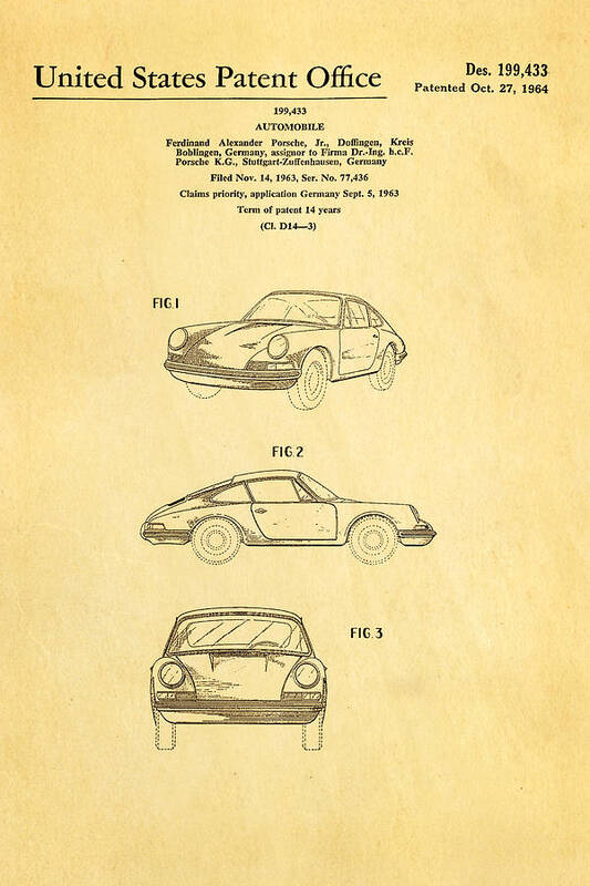 Automotive Art Print featuring the photograph Porsche 911 Car Patent Art 1964 by Ian Monk