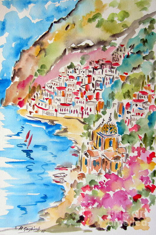 Positano Art Print featuring the painting Positano Water Color by Roberto Gagliardi