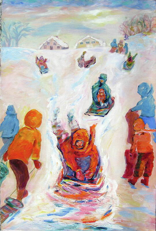 Kids Tobogganing Art Print featuring the painting Prairie Winter Fun by Naomi Gerrard