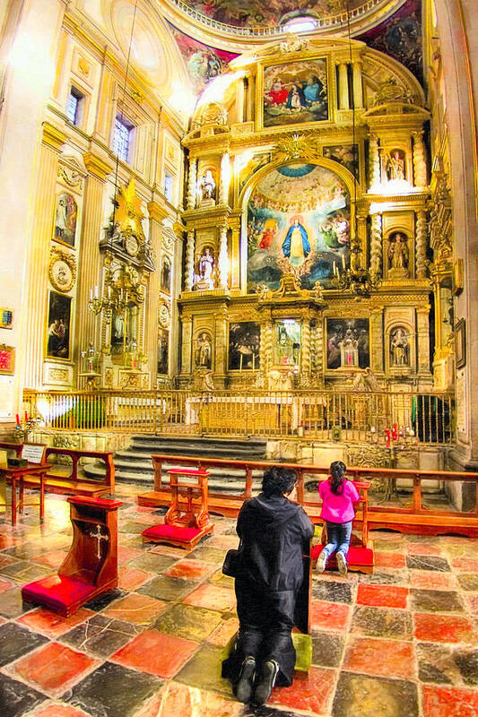 Puebla Art Print featuring the photograph Praying at the Altar in Puebla Cathedral by Mark Tisdale