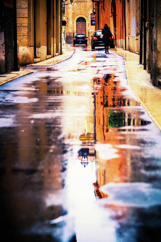 Built Structure Art Print featuring the photograph Rainy Day, Street Scene In Italy by Moreiso