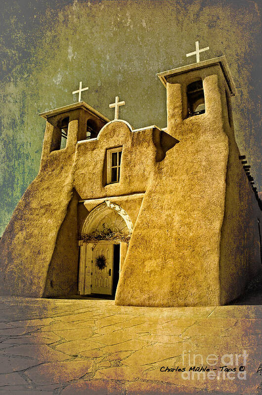 Santa Art Print featuring the mixed media Ranchos church in old gold by Charles Muhle